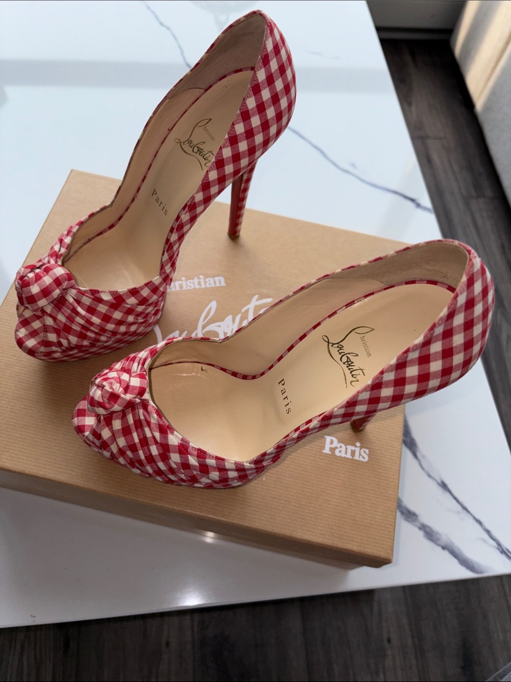 Christian Louboutin Red and White Gingham Peep-Toe Knot Pumps - Picture 9 of 12